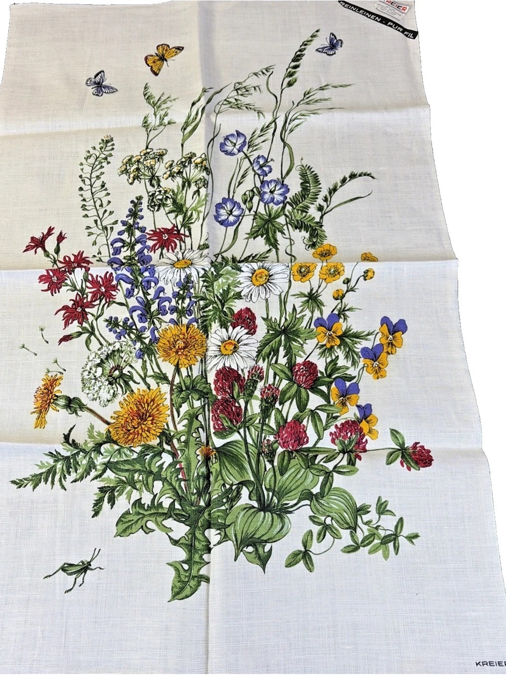 Vintage Kreier 100% Linen Tea Towel Swiss Table Wall Hanging Wildflowers Floral